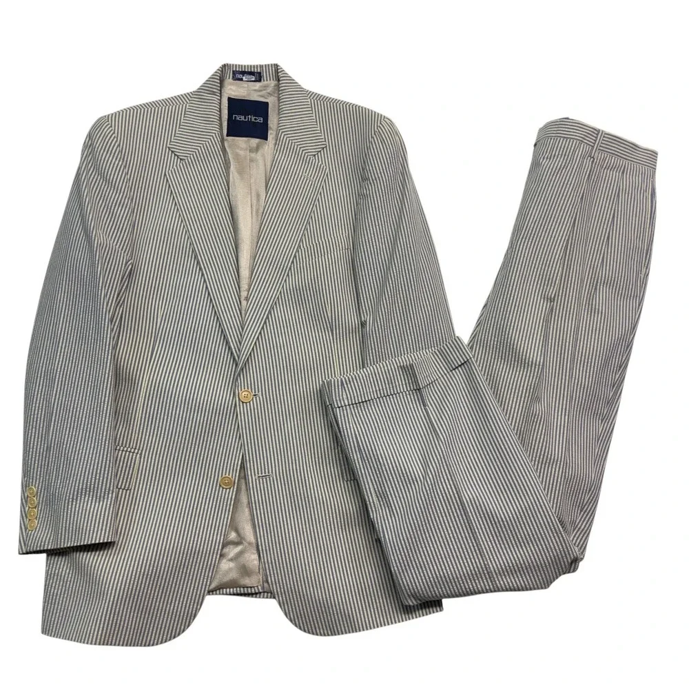 Nautica 40L 34x34 Blue White Stripe Seersucker 2pc Pant Suit Cotton Pleated Cuff